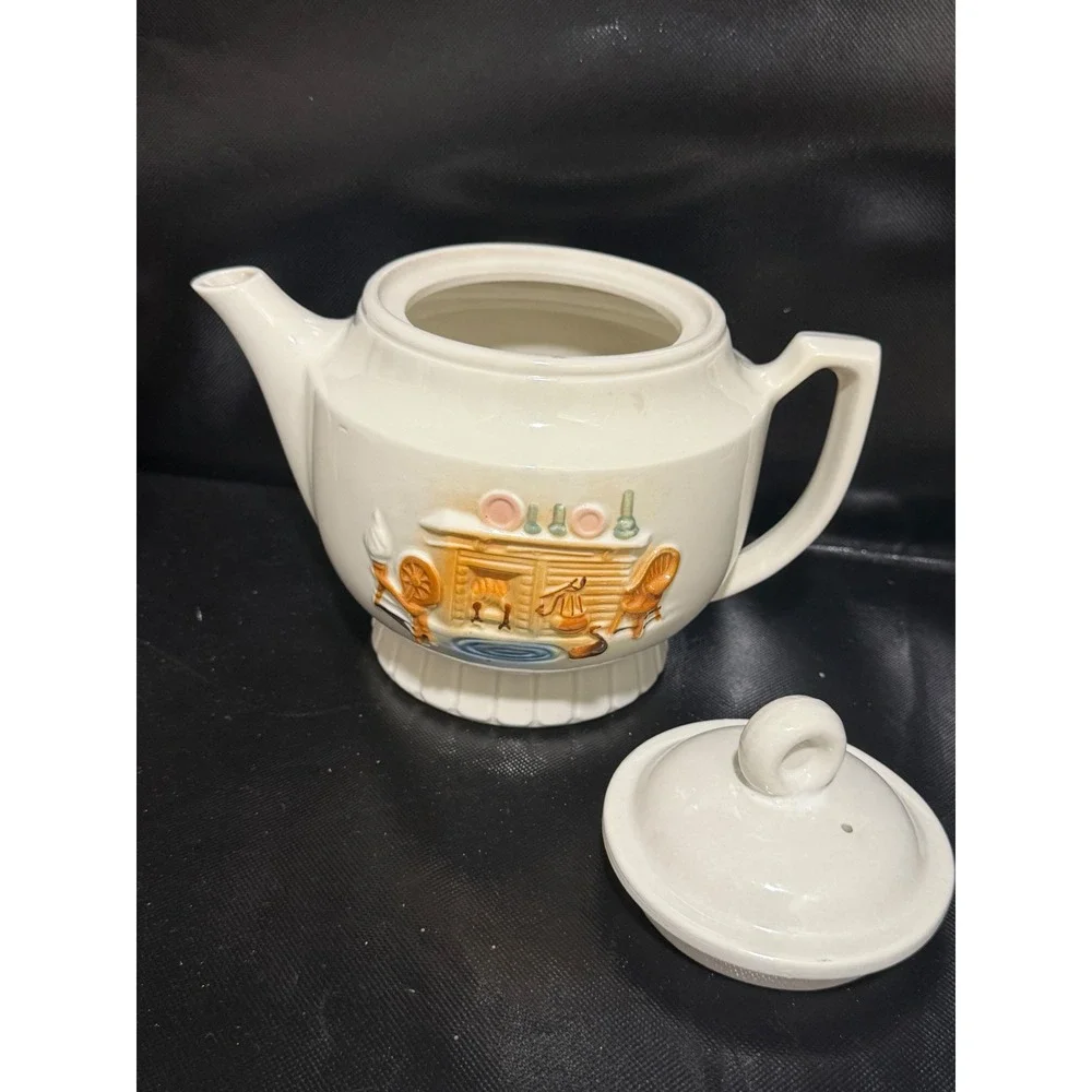 Porcelier Vitreous China Teapot Raised Hearth Scene